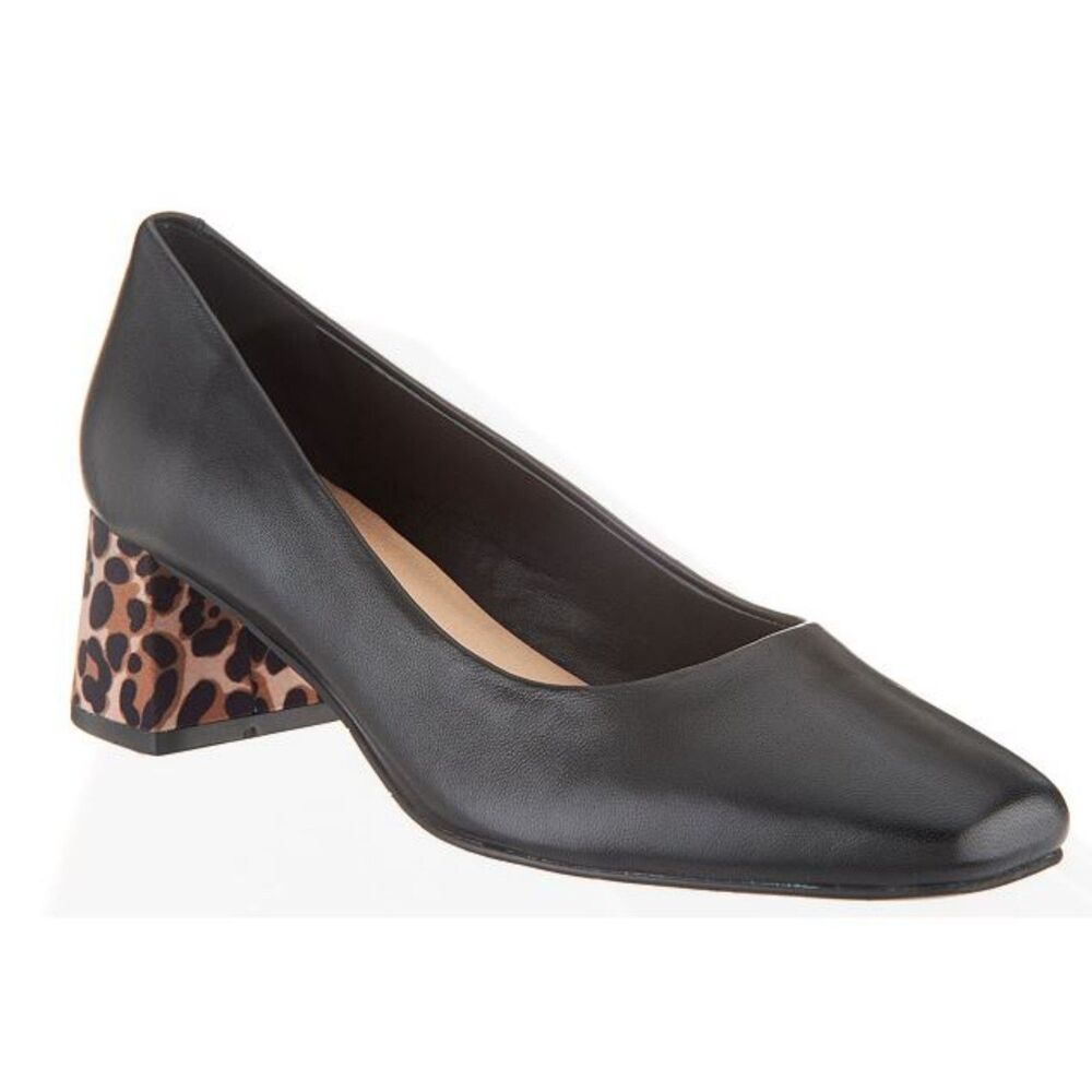 Isaac Mizrahi Leather Pump with Leopard Block Heel Black sz. 10 W